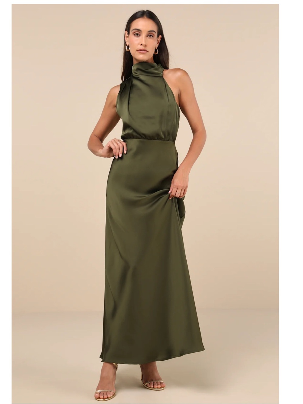Lulus Distinctive Charm Olive Green Satin Asymmetrical Maxi Dress Event 2X